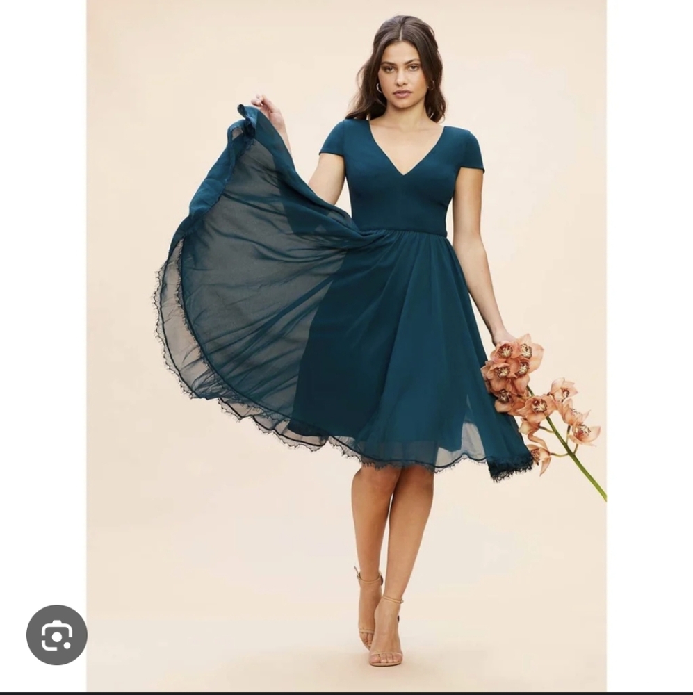 Dress the Population Teal V‑Neck Chiffon Fit-and-Flare Dress